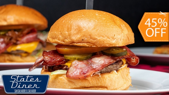 [Image: ¡Paga $14 en Lugar de $25.50 por 2 Hamburguesas Classic Cheeseburger: 1/3 Lb de Carne de Res con Bacon, Mushrooms o Jalapeños + 2 Complementos a Elección entre Papas, Aros de Cebolla, Mac and Cheese, Pepinillos Fritos y Otros + 2 Sodas con Refill!m]