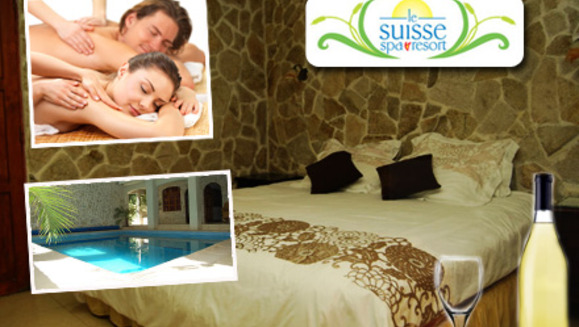 [Image: ¡Paga Q599 en vez de Q1675 por Estadía para 2 personas + 1 día de spa (2 masajes relajantes, 2 exfoliaciones corporales, 2 té relajantes) + Botella de Vino + Uso de las instalaciones en Le Suisse Spa!m]