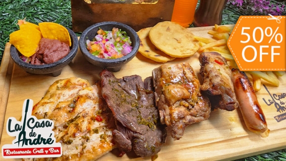 [Image: ¡Paga $13.50 en Lugar de $27 por Parrillada Para 2 que Incluye: 6 Onz de Lomo de Res + 6 Onz de Filete de Pollo + 4 Onz de Costilla de Cerdo + 1 Chorizo + Acompañamientos: Frijoles, Chimichurri, Papas Fritas + 2 Boquitas + 2 Sodas!m]
