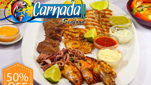 [Image: ¡Paga $10 y consume $20 en todo el delicioso menú de Carnes y Mariscos de Carnada Seafood!m]