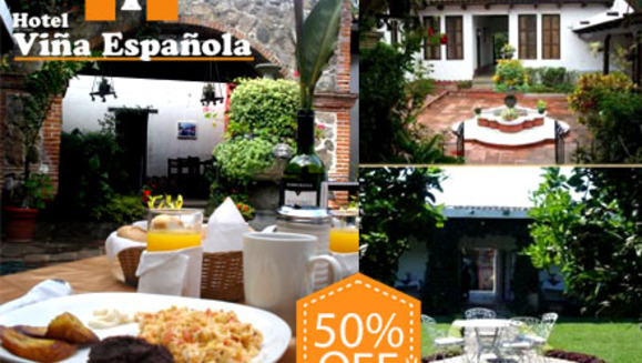 [Image: ¡Paga Q299 en lugar de Q600 por Estadía de una noche para 2 Personas en Habitación Doble o Suite Junior + 2 Desayunos + Impuestos Incluidos en Hotel Viña Española en Antigua Guatemala!m]