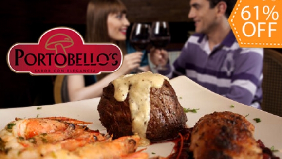 [Image: ¡Paga Q179 en lugar de Q459 por Exquisito Plato Aire, Mar y Tierra para 2 personas que incluye: Lomito, Camarón y Pato o Pollo + 2 Acompañamientos + 2 Copas de Vino en Restaurante Portobello's!m]