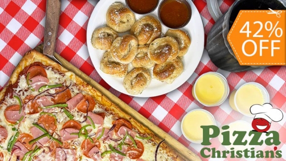 [Image: ¡Pizza Grande para Todos! ¡Paga $19 en Lugar de $32.73 por Banquete para 4 que Incluye: 1 Pizza de 16 Porciones “Especialidad Christian” (Queso, Jamón, Pepperoni y Vegetales) + 12 Nuditos + 1 Pichel de Soda + 4 Flanes!m]