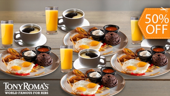 [Image: ¡Empieza tu Día en Tony Roma’s! ¡Paga $19.95 en Lugar de $39.80 por 4 Desayunos Típicos + 4 Naranjadas de 8 Oz + 4 Cafés Americanos con Refill!m]