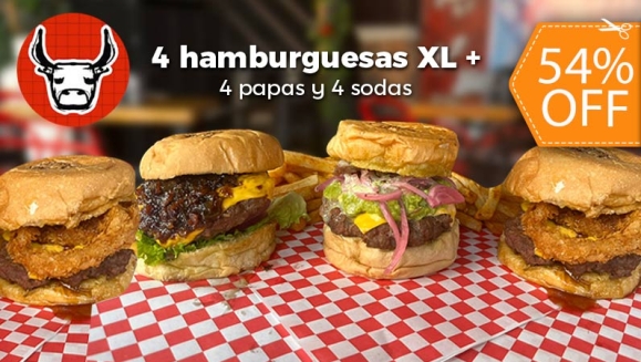 [Image: ¡Paga $25 en Lugar de $54 por 4 Hamburguesas XL + 4 Papas + 4 Sodas!m]