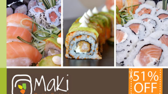 [Image: ¡Paga $14 en lugar de $28.50 por Combinado Lover de Sushi que incluye: 1 Ebi Dragon Roll + 1 Philadelphia Roll + 1 Maki de Pepino + 1 Maki de Cangrejo + 3 Niguiris de Salmón + 1 Jarra de Té Helado, Soda o Cerveza Nacional en Maki Sushi!m]