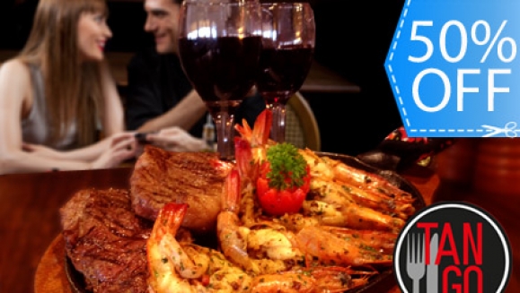 [Image: ¡Paga Q125 en lugar de Q250 por Plato Mar y Tierra para 2 personas + 2 Copas de Vino + Banana Tempura en Tango Steak House!m]