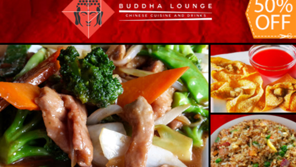 [Image: ¡Paga $10.95 en lugar de $21.85 por 1 Plato de Pollo o Cerdo con Vegetales + 1 Orden de Wantan + 1 Plato de Arroz Cantonés + 2 Bebidas en Restaurante Buddha Lounge!m]