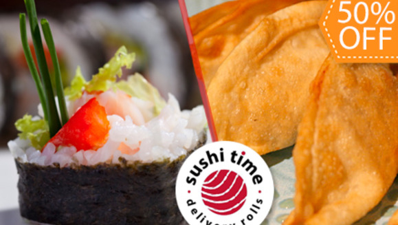 [Image: ¡Paga $12 en lugar de $24 por Bandeja de 25 Piezas hasta de 5 Especialidades + 3 Gyozas + 3 Bastones de Cangrejo Crunch + 1 Postre + 2 Sodas o Té helado en Sushi Time!m]