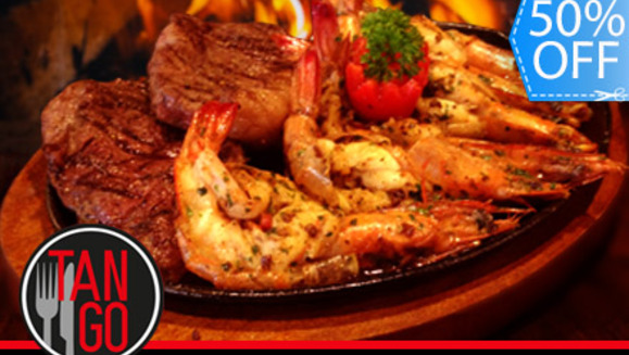 [Image: ¡Paga Q159  en lugar de Q318 por un Exquisito Plato Mar y Tierra que incluye: Filete de Puyazo y Camarones Jumbo + Guarnición Grande para Compartir a elección + 2 Copas de Vino o Cerveza Nacional en Tango Steak House!m]
