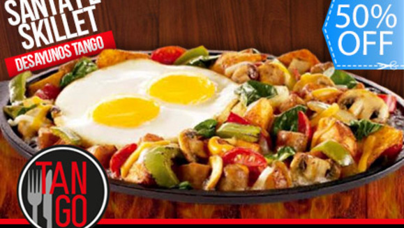 [Image: ¡Inicia tu día con alegría! ¡Paga Q65 en lugar de Q130 por 2 Exquisitos Desayunos Santa Fe Skillet + Café Americano en Tango Steak House!m]