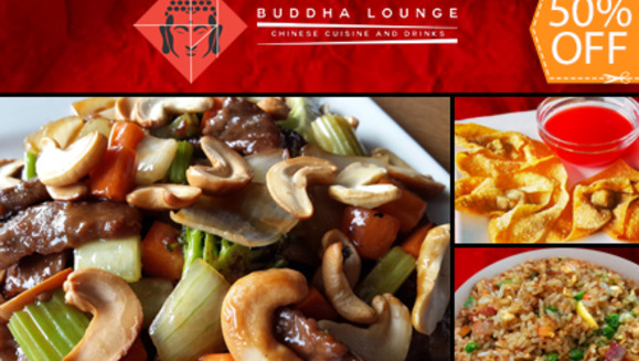 [Image: ¡Paga $11 en lugar de $22 por 1 Plato de Res con Semilla de Marañón o Pollo Agridulce + Orden de Arroz Cantonés + Orden de Wantan + 2 Bebidas en Buddha Lounge!m]