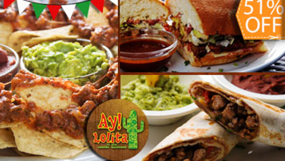 [Image: ¡Paga $11.50 en lugar de $23.63 por 2 tortas o 2 burritos de tu elección + 1 orden de nachos para compartir + 2 bebidas en Ay! Lolita Plaza Volcán!m]