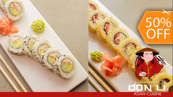 [Imagen:¡Paga $24 en Lugar de $48 por Banquete de Sushi hasta para 5 Personas que Incluye: 1 Crunchy Crab Roll + 1 Honolulu Roll + 1 Manhattan Roll + 1 Char Siu Roll + 1 California Roll + 1 Orden de Wantanes de Pollo + 1 Pichel De Té Helado!]