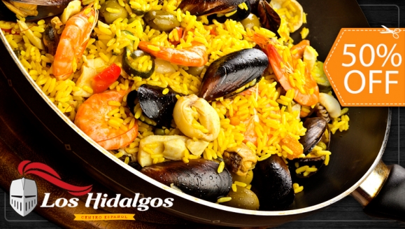 [Image: ¡Paga $16.75 en vez de $33.50 por 2 Riquísimas Paellas Mixtas + 2 Ensaladas + Pan + 2 Bebidas a Elección en Restaurante y Bar Los Hidalgos!m]