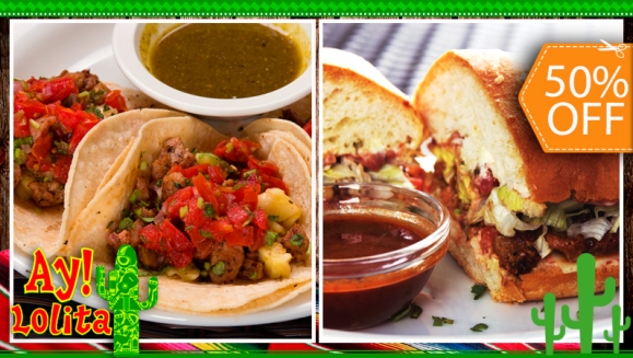 [Image: ¡Paga $10 en lugar de $20 por 2 Tortas o 2 órdenes de tacos de especialidad a elección + 2 Mini Sopas de Tortilla + 4 Bebidas a elección en Ay! Lolita, Plaza Volcán!m]