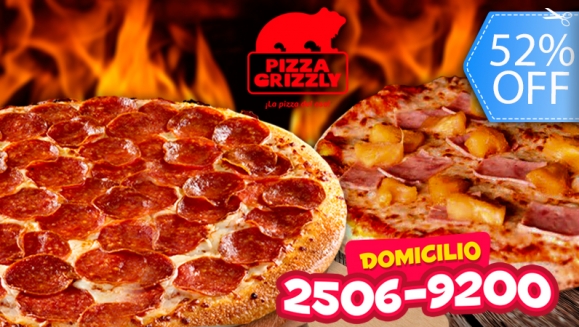 [Image: ¡Doblemente DeliciOSO! ¡Paga Q99 en lugar de Q206 por 2 Pizzas Grandes de 14” a Elección a Domicilio o  Para Llevar en Pizza Grizzly!m]