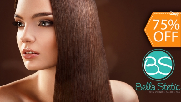 [Image: ¡Paga $20 en lugar de $78.95 por Tratamiento Intensivo de Keratina o Chocolate + Lavado Hidratante de Menta + Corte de Puntas + Deposito de Argán + Depilación de Cejas + Planchado en Bella Stetic!m]