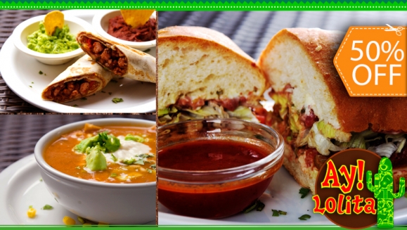 [Image: ¡Paga $10 en lugar de $20 por 2 Tortas o 2 Burritos de especialidad a elección + 2 Mini Sopas de Tortilla + 4 Bebidas a elección en Ay! Lolita, Plaza Volcán!m]
