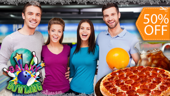 [Image: ¡Paga $20 en lugar de $40 por 1 Hora de Boliche hasta para 5 personas + Alquiler de 5 Pares de Zapatos + 1 Pizza de 10 Porciones + 1 Pichel de Soda en Galaxy Bowling!m]