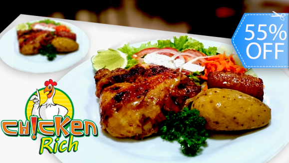 [Image: ¡Paga Q49 en lugar de Q110 por Menú para 2 que Incluye: ½ Pollo Rostizado + Ensalada Fresca + 1 Guarnición a Elección + 2 Bebidas Naturales en Chicken Rich!m]