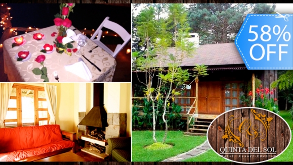 [Image: ¡Inolvidable Estadía Romántica! ¡Paga Q395 en vez de Q935 por Estadía para 2 Personas en Cabaña Jr. Equipada con Sala, Chimenea, Balcón y Más + 2 Desayunos + Decoración  Romántica  Especial e Impuestos Incluidos en Hotel Quinta del Sol!m]