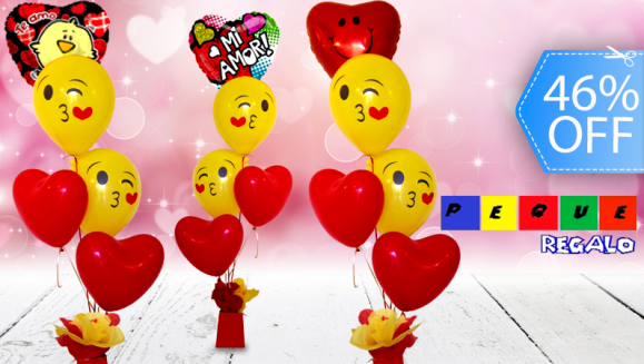[Image: ¡Paga Q160 en vez de Q299 por Arreglo de Globos de San Valentín con 1 Globo Metálico de 18” y Diseño a Elección + 2 Globos Emoji de Látex de 12” + 2 Globos con Forma de Corazón de 12” con Tratamiento de Larga Duración + Base Decorada de Peque Regalo!m]
