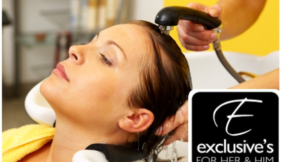 [Image: $25 por un lavado + un tratamiento de keratina + un planchado en Exclusive's Salon! (67% de descuento)m]