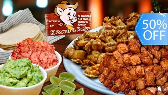 [Image: ¡Paga Q85 en vez de Q170 por ½ Libra de Carnitas + ½ de Chicharrón + Guacamole, Rábano, Tortillas, Limón y Picante + 3 Cervezas de Barril o Bebidas en Lata en El Corral de Porky!m]