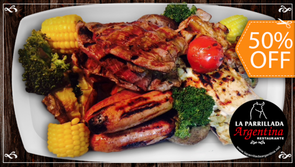 [Image: ¡Paga $33 en lugar de $65.99 por Parrillada Gaucha para 4 que Incluye: 12 Onzas de Lomito de Aguja + 12 Onzas de Pollo + 12 Onzas de Costilla de Cerdo + 4 Chorizos Argentinos + 4 Ensaladas + 4 Bebidas a Elección y Más en La Parrillada Argentina!m]