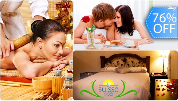 [Image: ¡Paga Q374 en vez de Q1,550 por Estadía para 2 Personas en Habitación con Chimenea + Día de Spa para 2 (Masajes de Bambuterapia, Exfoliación, Mascarillas Faciales, Té Relajante) + Uso de Instalaciones en Le Suisse Spa!m]