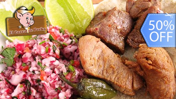 [Image: ¡Paga Q85 en vez de Q170 por Combo para 3 de ½ Libra de Carnitas + ½ de Chicharrón + Guacamole, Rábano, Tortillas, Limón y Picante + 3 Cervezas de Barril o Bebidas en Lata en El Corral de Porky!m]