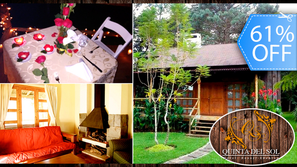 [Image: ¡Inolvidable Estadía Romántica! ¡Paga Q444 en vez de Q1,125 por Estadía para 2 Personas en Cabaña Jr. Equipada con Sala, Chimenea y Balcón  + 2 Cenas a Elección + Decoración Romántica Especial e Impuestos Incluidos en Hotel Quinta del Sol!m]