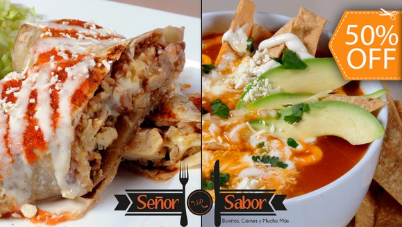[Image: ¡Paga $9.45 en lugar de $18.90 por 2 Sopas de Tortilla Medianas + 2 Burritos de Especialidad a Elección + 2 Sodas en Señor Sabor!m]