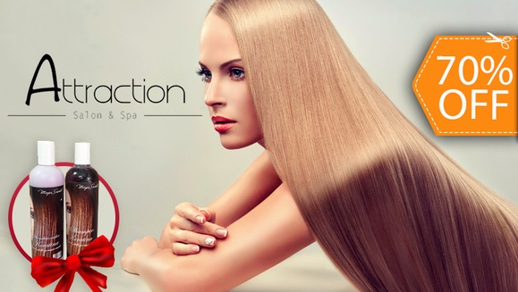 [Image: ¡Sin Restricción de Largo o Volumen! ¡Paga $30 en Lugar de $100 por Alisado de Keratina con Aceite de Coco + Alquimia Capilar + Diseño de Corte + Sellado de Puntas + Shampoo o Acondicionador de Keratina de 450ml en Attraction Salon!m]