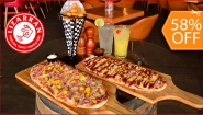 [Imagen:¡Paga $18.95 en Lugar de $44.80 por 2 Cocas Españolas (Tipo Pizza) de Especialidad a Elección: Vegetariana, Salami, Hawaiana o Pollo BBQ + 1 Orden de Papas Bravas + 1 Jarra de Limonada, Naranjada, Gaseosa o Te Helado + 1 Orden de Churros Españoles!]