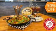 [Imagen:¡Paga $20.45 en Lugar de $40.90 por 1 Paella de Carnes para 2-3 Personas + 1 Jarra de Sangría, Soda, Té Helado o Limonada + Ensalada + Panes + 1 Orden de Churros Españoles!]