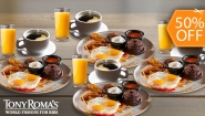 [Image: ¡Empieza tu Día en Tony Roma’s! ¡Paga $19.95 en Lugar de $39.80 por 4 Desayunos Típicos + 4 Naranjadas de 8 Oz + 4 Cafés Americanos con Refill!m]