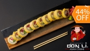 [Image: ¡Deleite Asiático en Don Li! ¡Paga $20 en Lugar de $35.45 Por Menú para 2 con: 2 Sushi Rolls a Elección entre California, Crunchy, Boneless, Crunchy Crab, Honolulu o Char Siu Roll + Orden de Wantán de Pollo + Postre + Pichel de Té Helado!m]